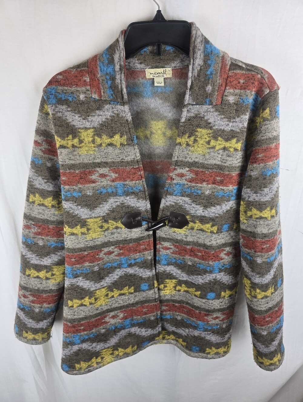 ONE WORLD Shawl Collar Toggle Grey Multicolored Long Sleeve Jacket Sz L